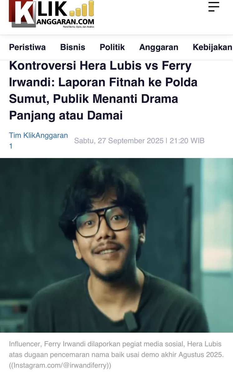 Ferry Irwandi emg ga ada abisnya ya. Bukannya kasih solusi, malah sibuk ngomporin publik. ngomongnya tinggi tapi isinya kosong.

Terbaru nih, dia lagi rame gara2 kasus sama <a href="/Heraloebss/">Miss Tweet |</a> yg udah dilaporin ke <a href="/poldasumut/">Polda Sumut</a> tapi sampe sekarang blm kelar juga. 

Apa emg proses hukum