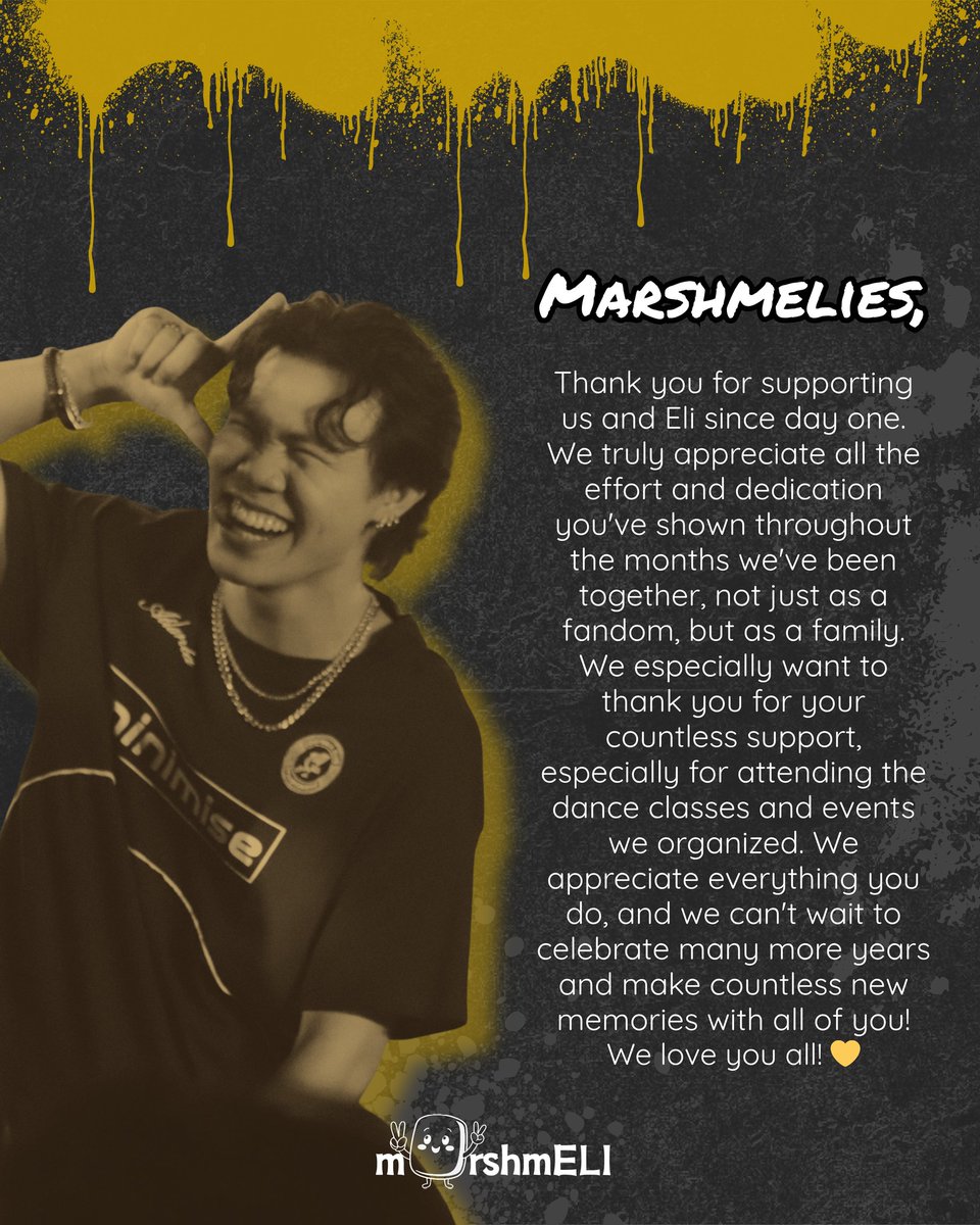 🌷 𝑴𝒂𝒓𝒔𝒉𝒎𝒆𝒍𝒊'𝒔 1𝒔𝒕 𝑨𝒏𝒏𝒊𝒗𝒆𝒓𝒔𝒂𝒓𝒚

To Eli and our wonderful Marshmelies,

Celebrating one year of pure magic. We can't wait to create more unforgettable memories, laughter-filled events, and exciting dance classes with you all. HAPPY 1ST ANNIVERSARY! 💛

#ELI
