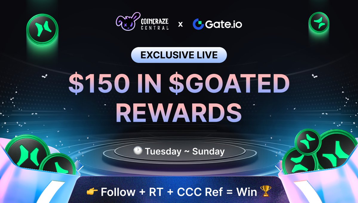 CoinCraze Central (@coincrazecen) on Twitter photo CoinCraze × <a href="/Gate/">Gate</a> Airdrop Event Starts! #18
This Week’s Rewards: $150 in $GOATED for 5 winners
How to Join
- Follow <a href="/CoinCrazeCen/">CoinCraze Central</a> and <a href="/CoinCrazeKR/">CoinCraze Central (KR)</a> on X
- Like, retweet, and tag 3 friends in the comments
Quote tweet or leave a positive comment about Gate Exchange to increase CoinCraze × <a href="/Gate/">Gate</a> Airdrop Event Starts! #18
This Week’s Rewards: $150 in $GOATED for 5 winners
How to Join
- Follow <a href="/CoinCrazeCen/">CoinCraze Central</a> and <a href="/CoinCrazeKR/">CoinCraze Central (KR)</a> on X
- Like, retweet, and tag 3 friends in the comments
Quote tweet or leave a positive comment about Gate Exchange to increase