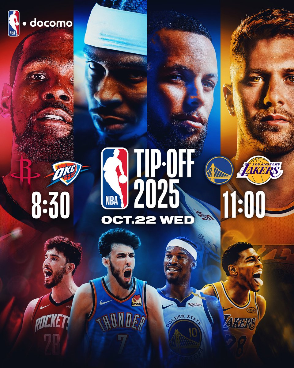 NBAJPN's tweet photo. 2025−26 NBAシーズン🔥
いよいよ明日開幕🏀

👀NBA見るなら #NBAdocomo 
👉https://t.co/DAk9BdtEJ9

#StartToFinish #NBATipOff
#NBAdocomo #NBAJPN https://t.co/6AwfG3f3ff