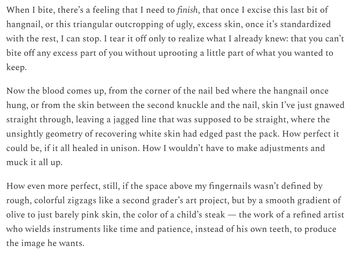 jarettmalouf's tweet image. I envy the people with unblemished hands, suggestions of peace I’ve never quite felt in mine.

#Writing #Identity #SelfImage #Reflection #Essay
@lsjamison @theferocity

jdogwrites.substack.com/p/why-am-i-eat…