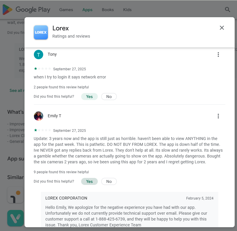 Engineerlorecs's tweet image. Poor Lorex in GPlayReview: {G Grande- June 30, 2025- One of the worst apps I have dealt with. I bought an entire camera system, so now I am stuck with this app. Similar to other reviews, I co...certain time periods.}👎(In Closing=>Garbage Lorex Quality)#255161