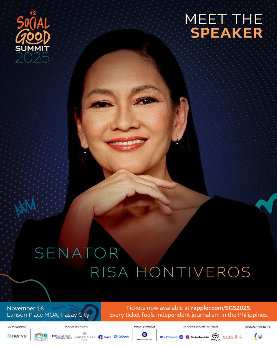rapplerdotcom's tweet image. WE’RE THRILLED TO WELCOME SENATOR RISA HONTIVEROS TO THIS YEAR’S SOCIAL GOOD SUMMIT!

A tireless advocate for transparency, accountability, public health, women’s rights, and the Filipino family, Senator Risa Hontiveros currently chairs the Senate committee on women, children,…