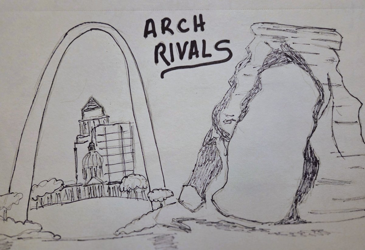 CW_writeme's tweet photo. Day 20. Rivals
Arch rivals? Nay, arch enemies.
St Louis (@GatewayArchSTL) vs Utah Delicate (@ArchesNPS).
StL: You're one strong breeze away from becoming a pile of sand.
U: You're 630ft of overcompensation.
StL: Pebble.
U: Paperclip.
StL: I hope you collapse.
#Inktober2025 https://t.co/8kp9Wun5Qo