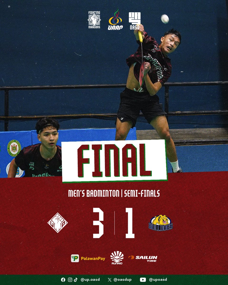 #SugodUP 🙌 UP Men's Badminton Varsity Team def. NU Men's Badminton Team, 3-1

Our #SugodUP, #LabanUP, and #UPFight are being energized by Palawan Pay, RUNRIO Inc., and Sailun Tire.