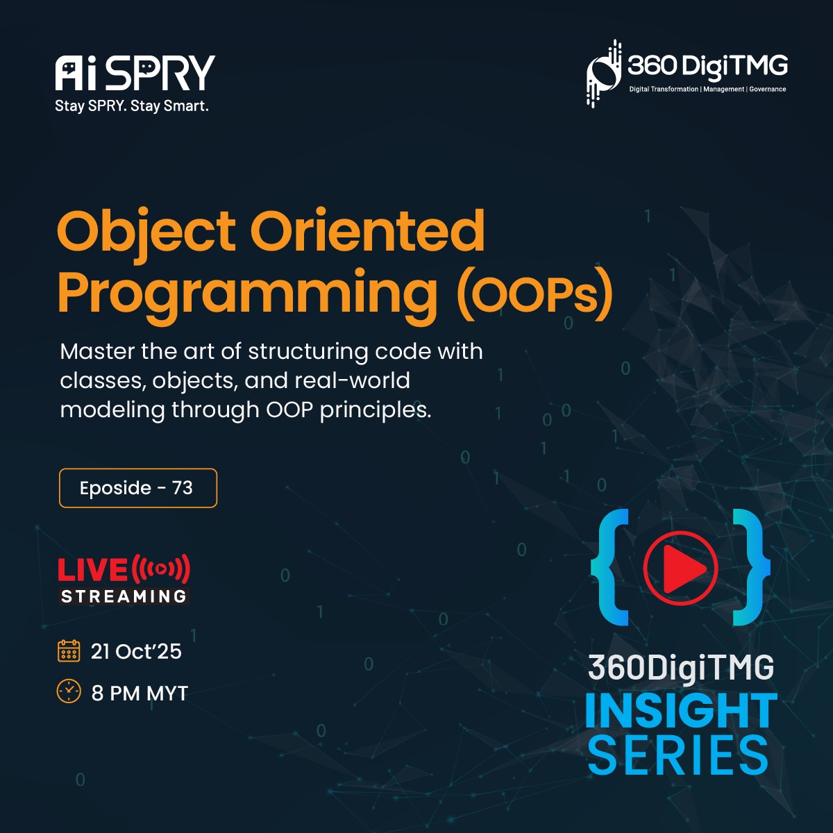 360digitmg_MY's tweet image. 🚀 OOPs - Object-Oriented Programming | 360DigiTMG
💻 Dive into Object-Oriented Programming (OOPs) concepts and learn how real-world problems are solved using classes, objects, inheritance, and polymorphism! 🚀
👉Join the session:
🔗 youtube.com/live/Gycvx6PPF…
#OOPs #360DigiTMG