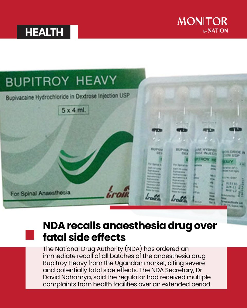 DailyMonitor's tweet photo. The regulator says the drug, whose generic name is Bupivacaine, failed to deliver its intended pharmacological effect https://t.co/UkC1Hco5UP
#MonitorUpdates https://t.co/hYuTDlXG8O