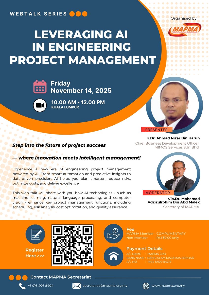 ✨[HEBAHAN] SIRI WEB TALK MAPMA - via ZOOM

Tajuk: Leveraging Artificial Intelligence In Engineering Project Management
Tarikh: 14 November 2025 (Jumaat) 
Masa: 10.00 Pagi - 12.00 Tengahari

Pendaftaran:
forms.gle/DAxKTA75sn4Gto…