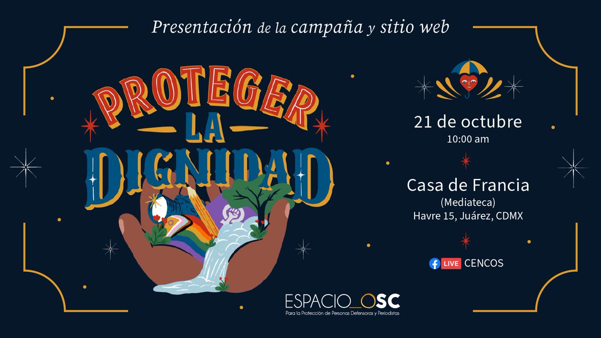 ⏳ ¡Es hoy! 💬

Conéctate al lanzamiento de la campaña #ProtegerLaDignidad del @EspacioOSC y su micrositio de normatividades estatales.

⏰ 10:00 hrs

📺 Transmisión en vivo por FB 👉 <a href="/cencos/">Cencos</a> ✨

🔗 facebook.com/cencos.org/

No te lo pierdas‼️