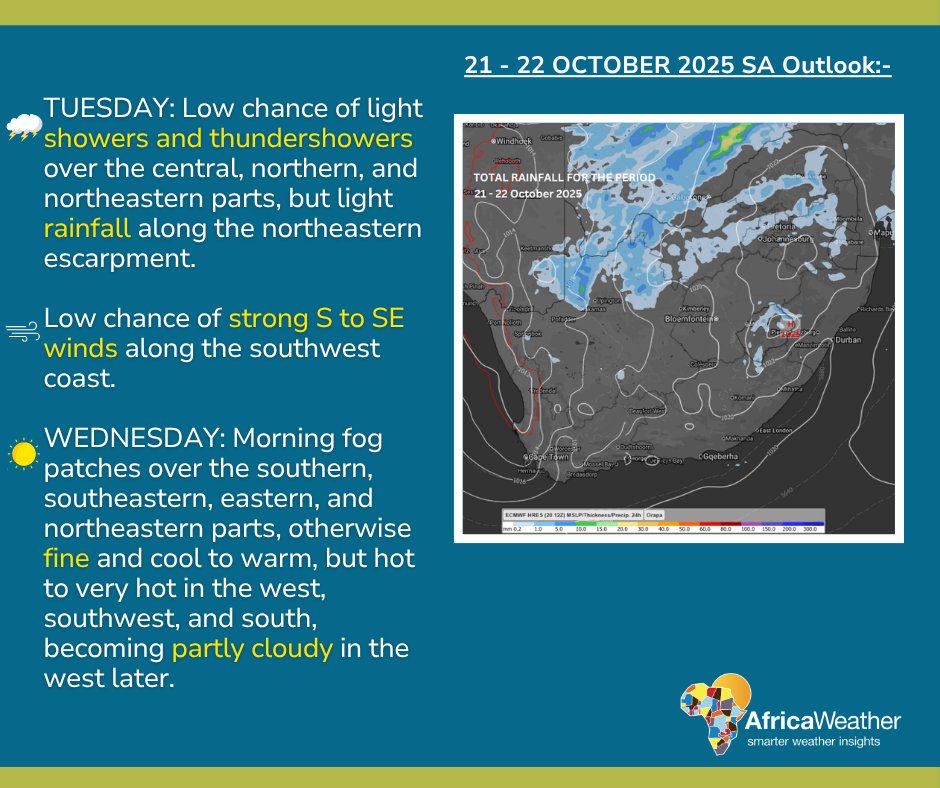 21-22 October 2025 Weather Outlook:-
Tuesday and Wednesday forecast.

21/10/2025 Android: goo.gl/Ftg97E | iOS goo.gl/qicR82 #africaweatherapp #AfricaWeather africaweather.com