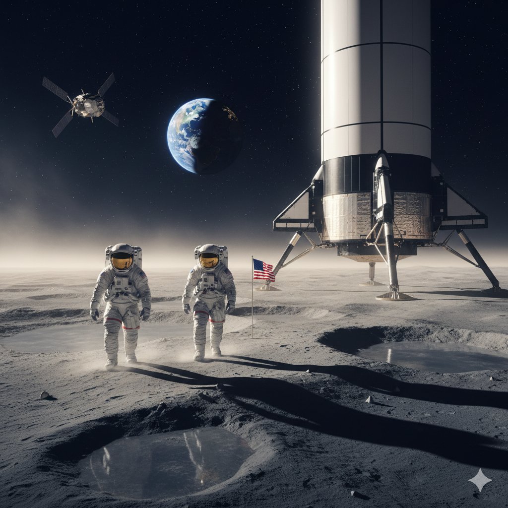The_TechProf's tweet image. NASA and SpaceX are racing to return humans to the Moon by 2027 under the Artemis III mission. But with SpaceX behind schedule, NASA may reopen bids to Blue Origin and others.
Land astronauts at the Moon’s south pole—the first crewed landing since 1972. 🌕🚀 #SpaceTech #Artemis