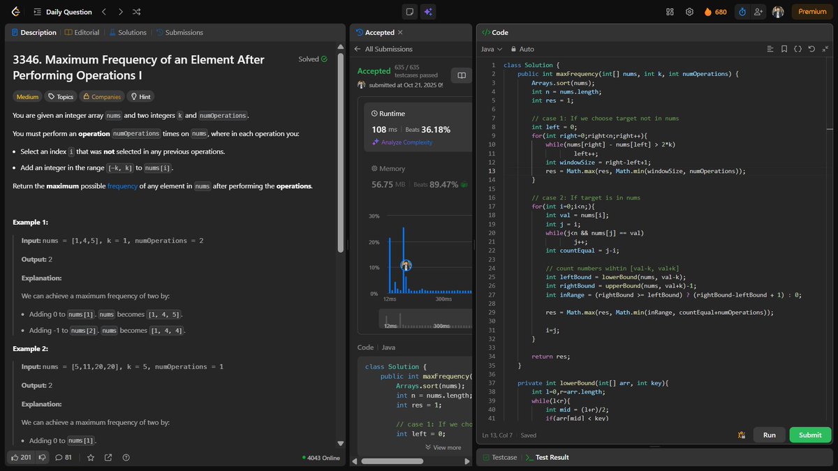 Kartscode's tweet image. 🇮🇳🔹 LeetCode Daily Challenge
📘 LC No.: 3346
💡 Approach: Expand &amp;amp; Align Strategy ➕📏
🔥 Day 680 Streak – Let’s keep it going! 💪
❤️ Like | 🔍 Follow @Kartscode
#LeetCode #Java #DSA #ProblemSolving #CodingJourney #DailyCoding #100DaysOfCode #BuildInPublic #DSAWithJava