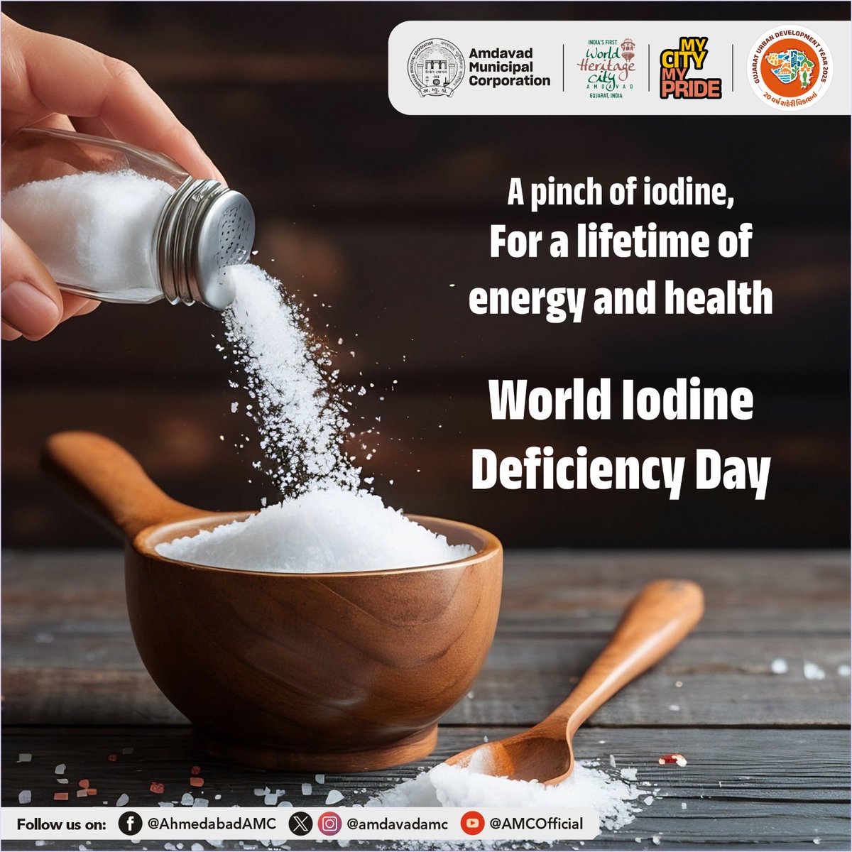 AmdavadAMC's tweet image. A pinch of salt in your daily diet has enough iodine to prevent serious health issues like goiter and thyroid related problems. This Iodine Deficiency Day, let’s raise awareness and make iodine-rich food a part of our diet. Stay informed, stay healthy!

#IodineDeficiencyDay…