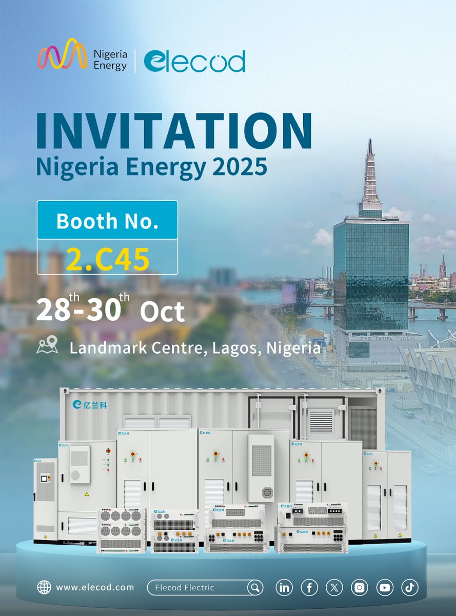ElecodElectric's tweet image. 🌍 Join us at Nigeria Energy 2025!
📅 Oct 28–30, 2025
📍 Booth 2.C45, Landmark Centre, Lagos

Discover our latest  innovations powering Africa’s energy future ⚡
🎟️ Register FREE now 👉 register.visitcloud.com/survey/3nvafdq…

#NigeriaEnergy2025 #EnergyStorage  #Elecod #PowerAfrica #PCS