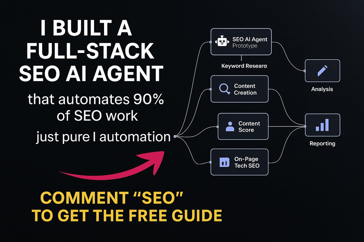 heytafsirul's tweet image. 🚀 Just built a Full-Stack SEO AI Agent
that automates 90% of SEO work
from keyword research to content optimization 🔥
No team. No coding. Just pure AI automation 🤖
I’ll give you the exact workflow + setup guide (FREE) 💡
💬Comment “Send”
🔁Repost
❤️Like
