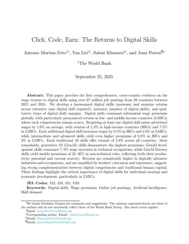saloni_econ's tweet photo. #Digital and especially #GenAI skills are boosting wages!  New paper using 67M #job postings (2021-2024, 29 countries) shows 7-9% #wage hikes for technical roles with GenAI dev #skills, and 25-36% premiums for non-technical pros with GenAI literacy.  https://t.co/Xfyl2YVrF0 https://t.co/ZopdrAVa4W