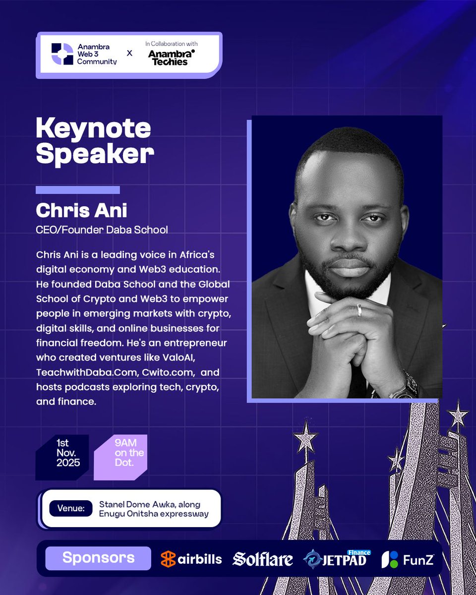 anambraweb3conf's tweet image. Keynote Speaker Announcement! 💃
We’re thrilled to announce Chris Ani (@iamchrisani) as the Keynote Speaker for the Anambra Web3 Conference 2.0 happening November 1st, 2025, at Stanel Dome, Awka.
Chris Ani is a leading voice in Africa’s digital economy and Web3 education…