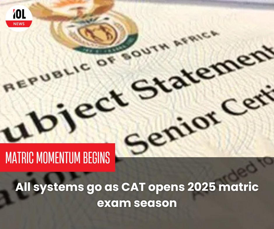 IOL's tweet image. The 2025 matric exam season has officially begun, starting with Computer Applications Technology (CAT). 
#Matric2025 #CATExam #ExamKickoff #Education #DepartmentOfEducation
Read on tinyurl.com/ynb6rm8h