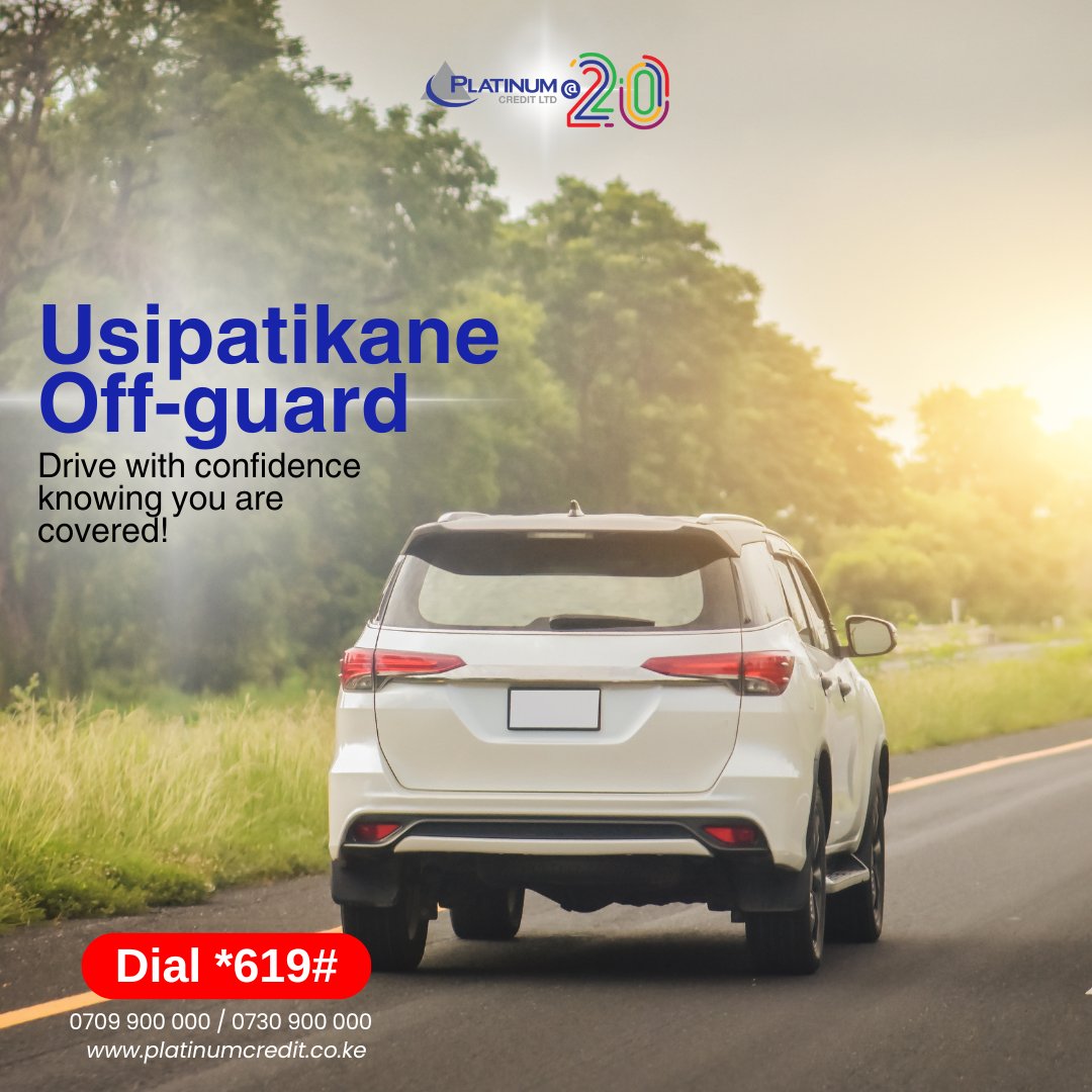 PlatinumCKenya's tweet image. Usirisk na process only takes a few minutes!
Get Insurance Premium Financing and safeguard your car today! Dial *619#, call 0709 900 000 / 0730 900 000, or visit platinumcredit.co.ke/insurance-prem…

#PlatinumCredit #WezeshaNaPlatinum #InsurancePremiumFinancing