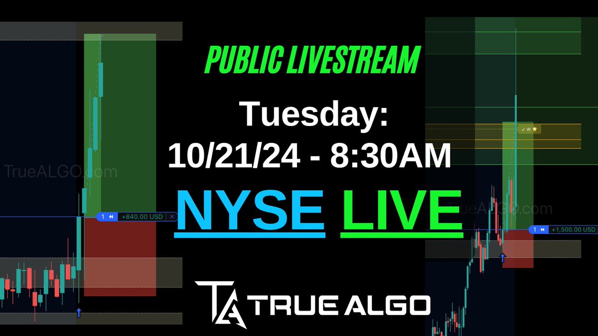 True_Algo's tweet image. 🚨 FREE COMMUNITY LIVE STREAM – TOMORROW! 🚨
📅 Tuesday, October 21st
⏰ 8:30 AM ET – NYSE Open Session
📍 LIVE on YouTube
Join us LIVE as we trade the NYSE open with True Algo’s stat-backed edge — where every move is based on data, probabilities, and precision, not emotion.
🎯…