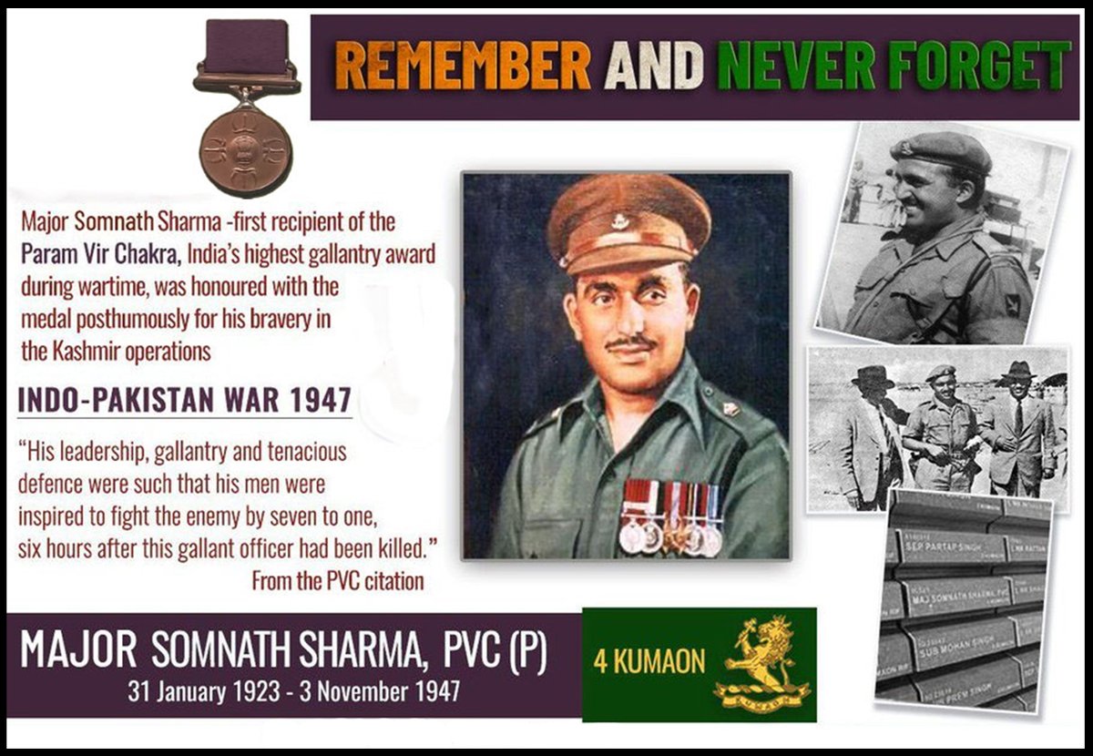 e_sopore's tweet image. Honouring #MajorSomnathSharma, the first recipient of the #ParamVirChakra, whose bravery and leadership during the Indo-Pakistan War of 1947 inspired generations. His sacrifice saved countless lives and defended our nation&apos;s honour. #IndianArmy #HeroesOfIndia #NeverForget #Budgam