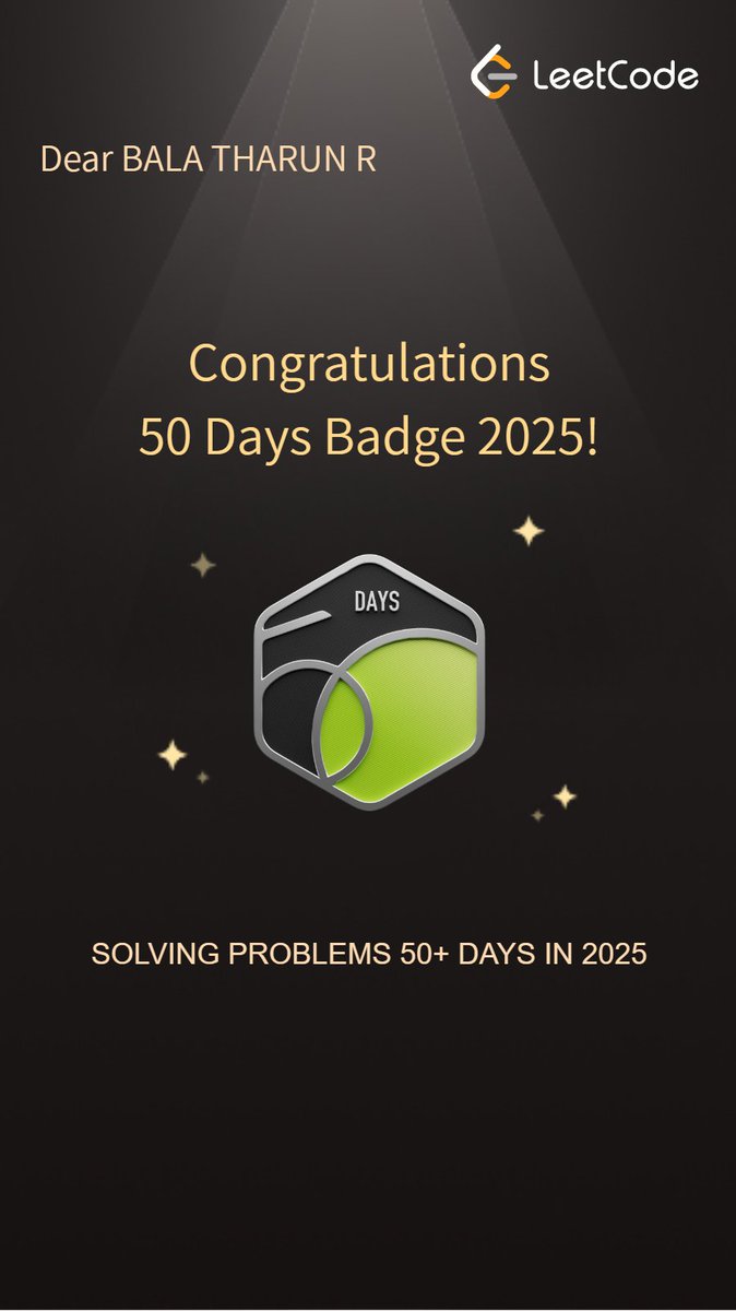itharunhere's tweet image. Just received 50 Days Badge from #LeetCode 🎉

Next step to 100 Days...