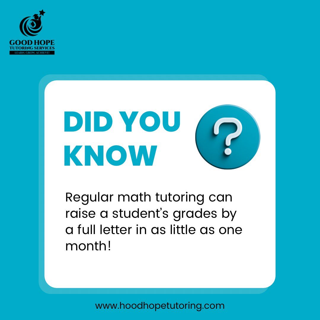 GoodHopeTutors's tweet image. "Did you know? Regular math tutoring can boost a student's grades by a full letter in just one month! 📚✨
Learn more at goodhopetutoring.com
#Tutoring #Education #MathHelp"