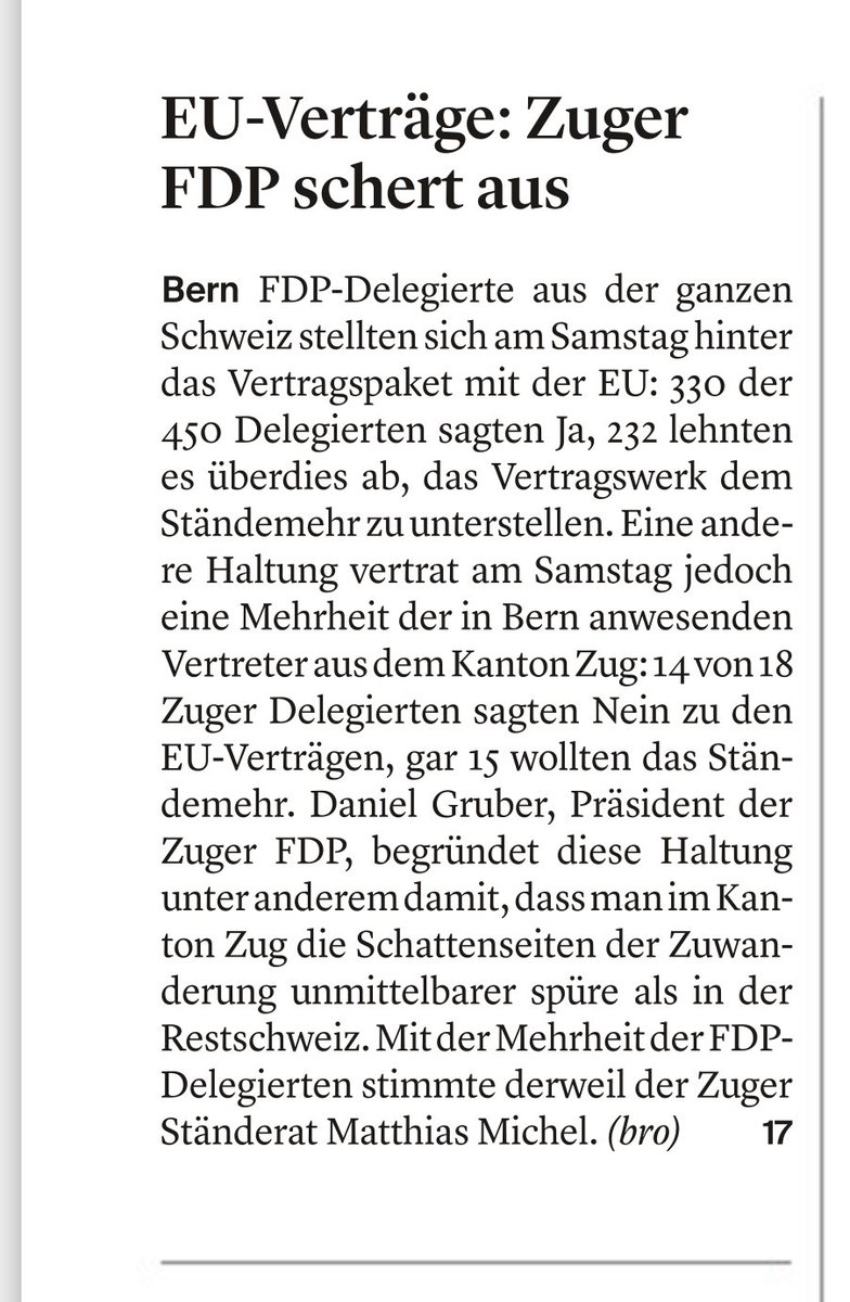 So sieht es bei meiner Heimbasis aus. Demokratie ist Demokratie. Jede und jeder soll freisinnig ihre/seine Meinung haben. Ob Mitglied einer Partei oder nicht. Als Zuger FDP-Mitglied bin ich aber zufrieden, dass man lokal eine Linie hat. Quelle: #ZugerZeitung