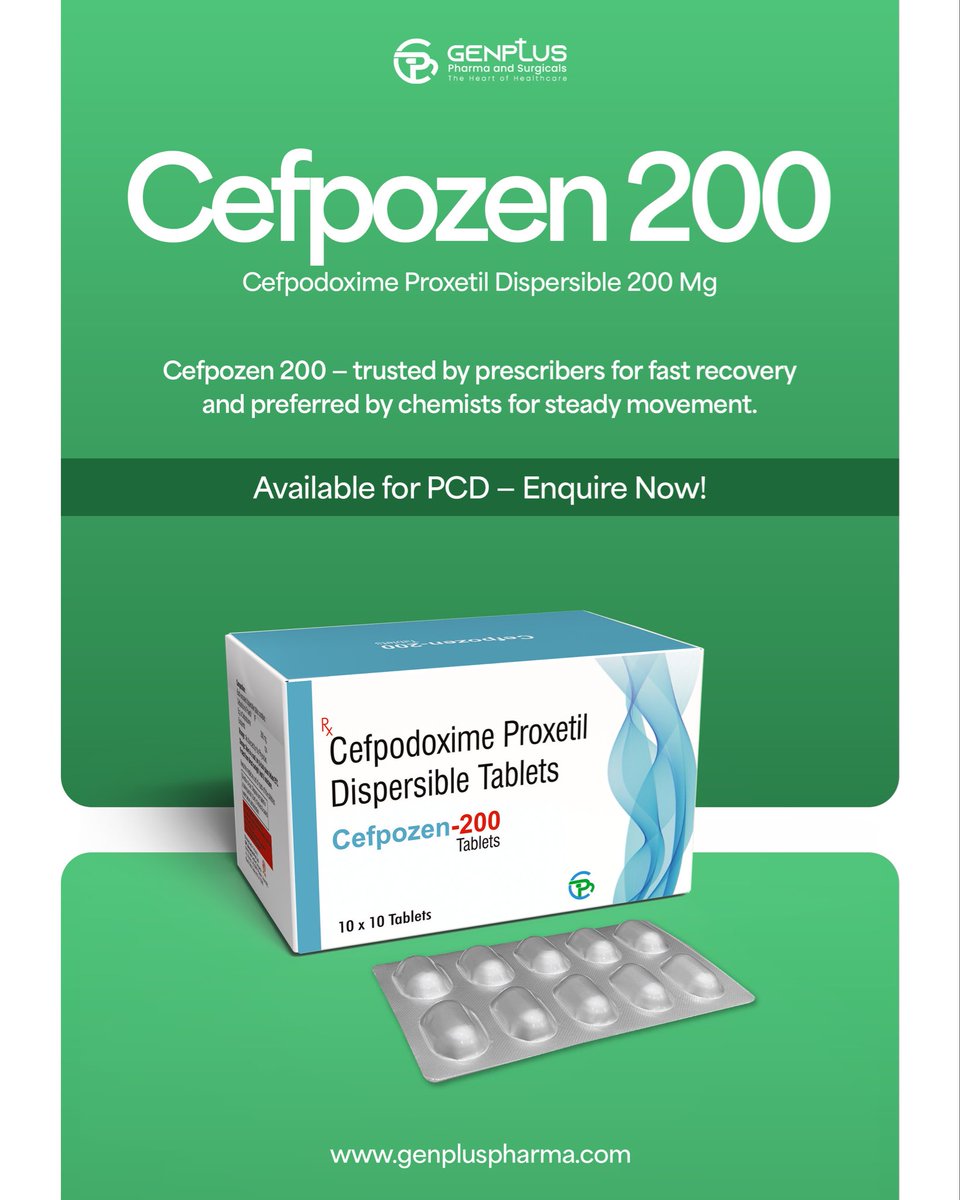 Genpluspharma's tweet photo. Infection control you can trust. 💊
Cefpozen 200 (Cefpodoxime Proxetil 200 mg) — fast relief, broad-spectrum protection, and reliable compliance.

👉 Partner with Genplus Pharma today 

#Cefpozen200 #GenplusPharma #PCDPharma #PharmaMarketing  #Pharma #PharmaIndustry https://t.co/s9J7p3xD2m