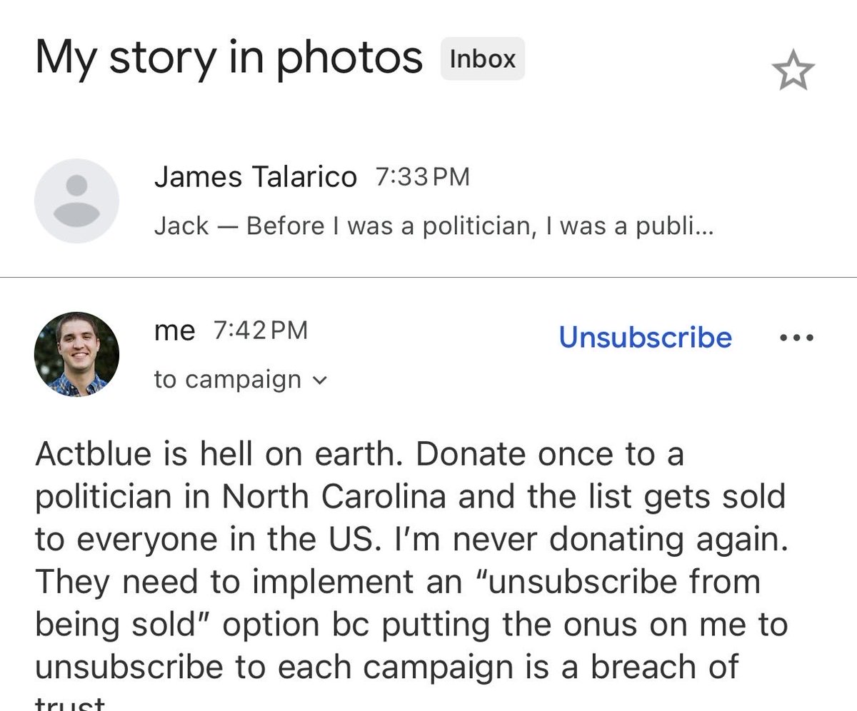 someguyjack's tweet image. PSA don’t ever donate via @actblue you’ll be in email hell for the rest of your life as your name gets sold from campaign to campaign. Each can claim “we removed your name from our list” but you get added to every other list. 

Create a “remove from all” otherwise you won’t get…