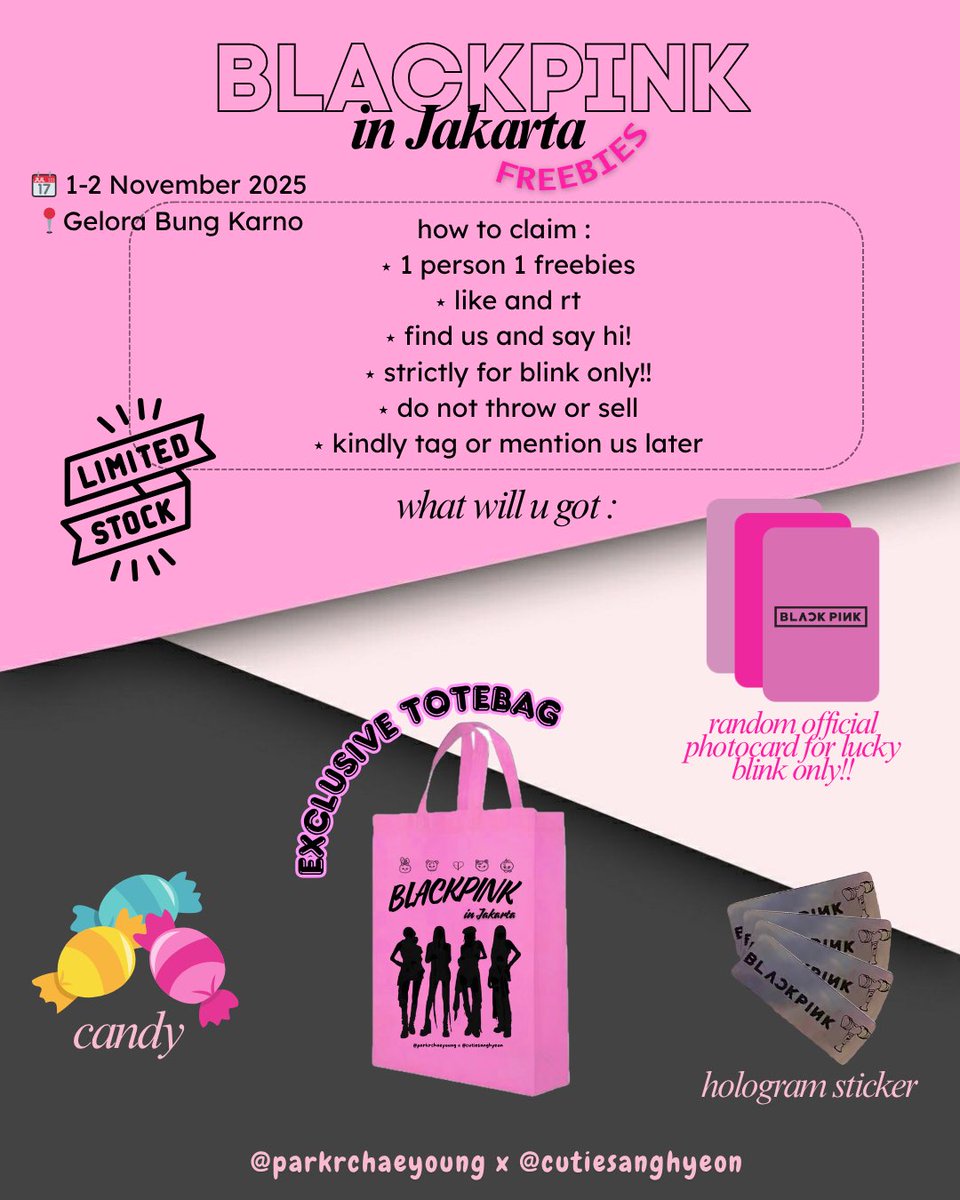 𐙚 ྀིྀིྀིྀིྀི Freebies Blackpink in Jakarta 𐙚 ྀིྀིྀིྀིྀི 

by <a href="/parkRchaeyoung/">len🦋🐿️</a> &amp; <a href="/cutiesanghyeon/">JenRuby</a> 

🗓️ 01 - 02 November 2025
📍 Gelora Bung Karno (GBK)
⏳ TBA

⋆like and retweet will be appreciated⋆
more details on pict❤️‍🔥

see u soon blinks! 🖤🩷
#DEADLINE_IN_JAKARTA #BLACKPINK