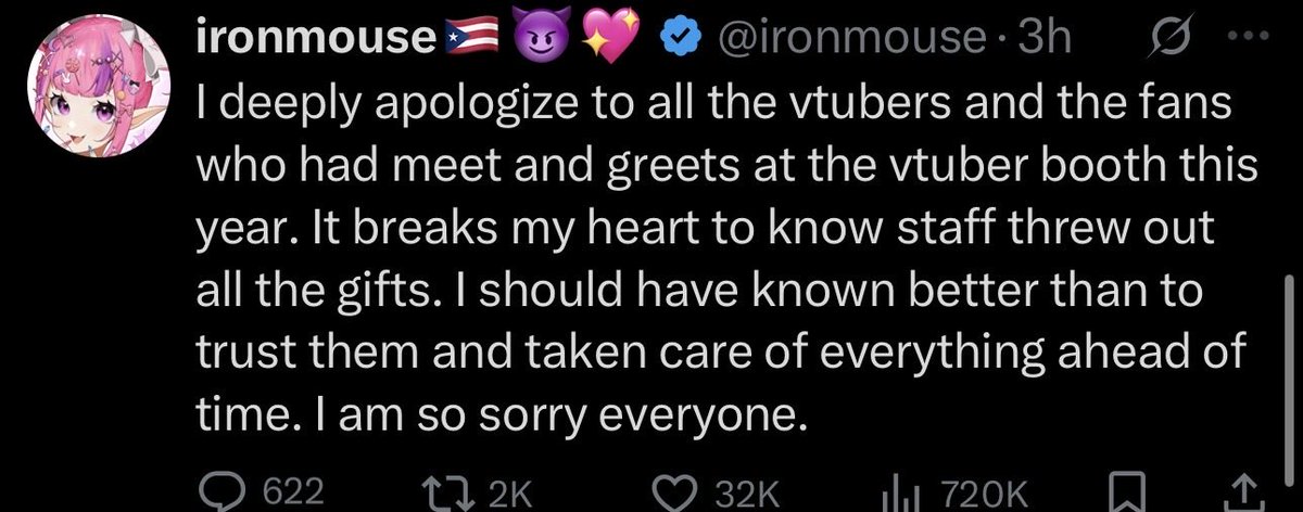 Awk20000's tweet image. Ironmouse apologizes and calls out TwitchCon staff for throwing away all of the fan gifts meant for VTubers