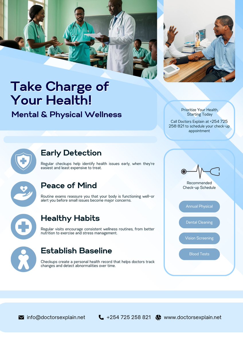 DocsExplainFM's tweet image. Stay ahead of illness! 💪 Regular checkups = 🩺 Early Detection, 😌 Peace of Mind, 🌿 Healthy Habits &amp;amp; 📊 a strong health Baseline. Invest in your wellness today! #HealthCheck #Prevention #Wellness #HealthyLiving 🌍 More at doctorsexplain.net