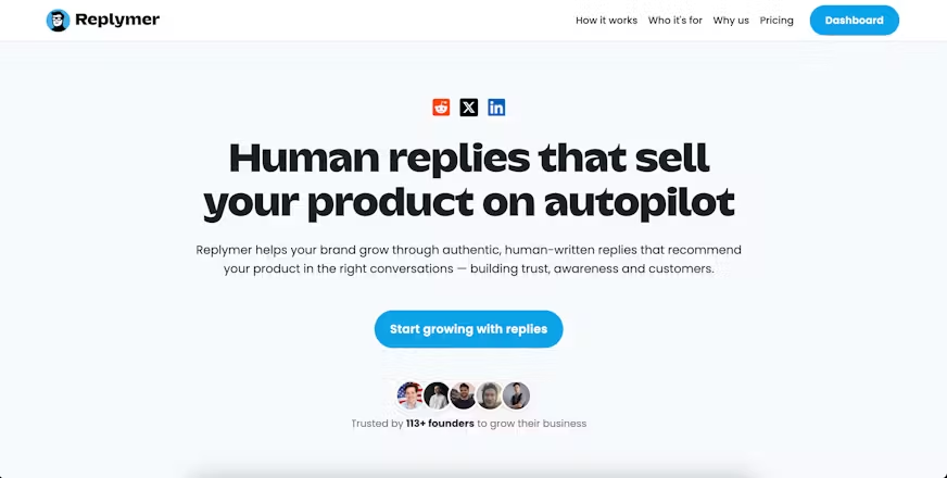 okuwaki_m's tweet image. replymer.com
Replymer is a service that writes and posts human replies on platforms like X, Reddit, and LinkedIn to promote your product naturally.

It’s all about finding relevant conversations where your product genuinely helps, and then having real writers craft