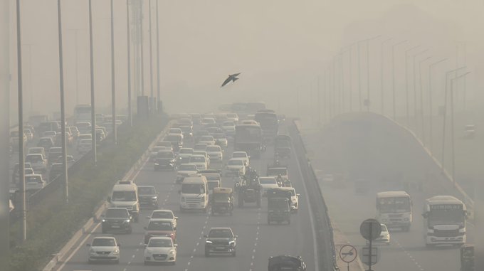 Aerial view of a multi-lane highway in hazy conditions with numerous vehicles including cars trucks and buses traveling in both directions surrounded by tall light poles and a flyover structure a bird flying in the foreground visibility reduced by thick smog enveloping the urban scene