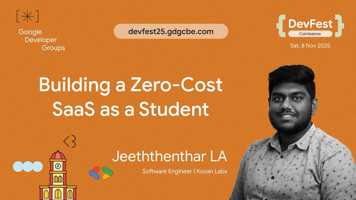 GDGCoimbatore's tweet image. Calling all student builders! 🚀 Join Jeeththenthar LA, Software Engineer at Kovan Labs, at DevFest 2025 Coimbatore. Learn his secrets to "Building a Zero-Cost SaaS as a Student" and turn your ideas into reality!
Register now: theticket9.com/book/devfest-c…
#DevFest2025 #GDGCoimbatore