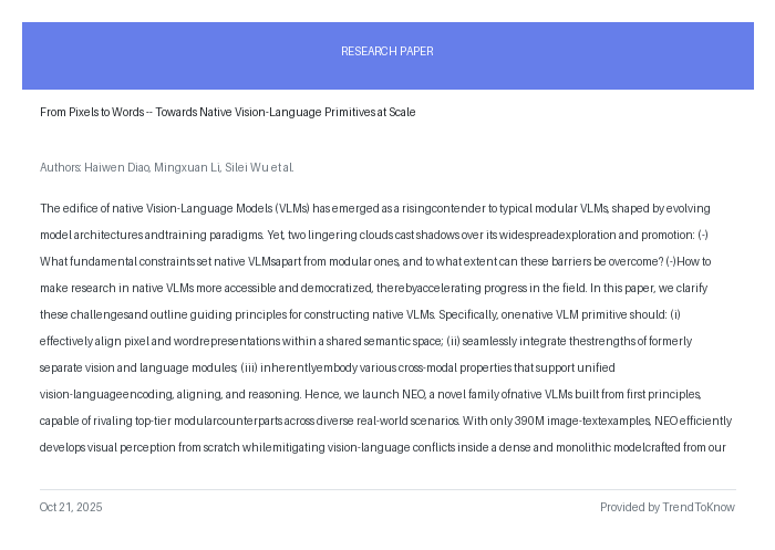 aitrendings's tweet image. From Pixels to Words -- Towards Native Vision-Language Primitives at Scale
👥 Haiwen Diao, Mingxuan Li, Silei Wu et al.
#VisionLanguageModels #AIResearch #DeepLearning #OpenSource #ComputerVision
🔗 trendtoknow.ai
