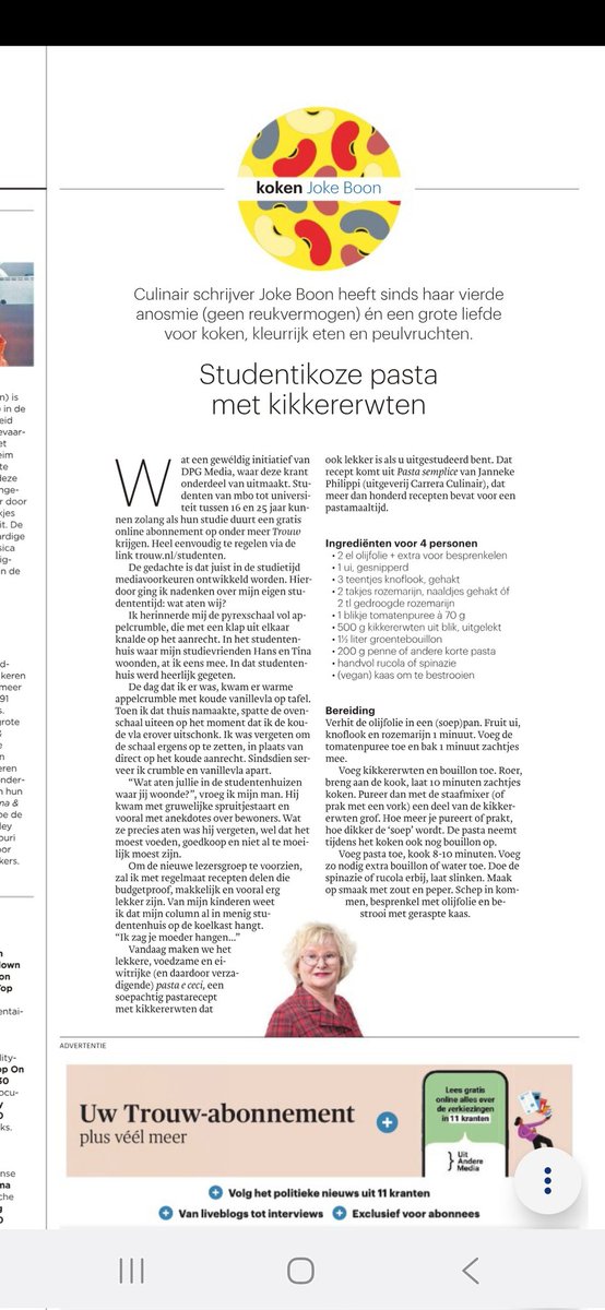 Studentikoze pasta met kikkererwten,  om de nieuwe lezers welkom te heten. Mijn kookcolumn en receptvandaag in <a href="/trouw/">Trouw</a>
#kookmetjokeboon #kookcolumn #students #recept #pasta #vegan
