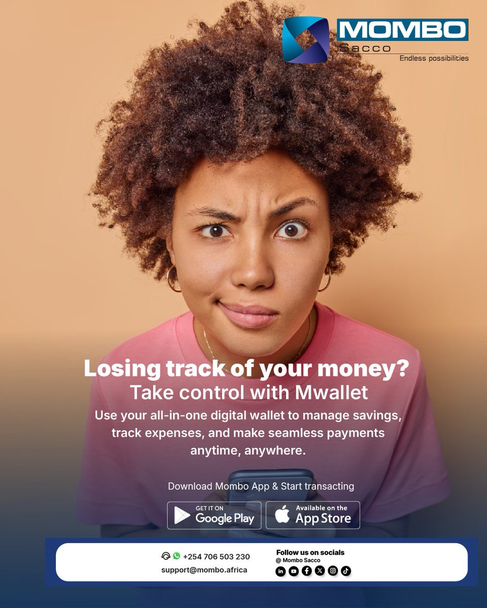 mombosacco's tweet image. Struggling to keep track of all your finances? Say goodbye to the stress with #Mwallet! This secure app brings all your payments, transfers, and expenses together in one place. Simplify your financial management today. #SmartFinance #MomboSacco #DigitalMoney #CashlessConvenience