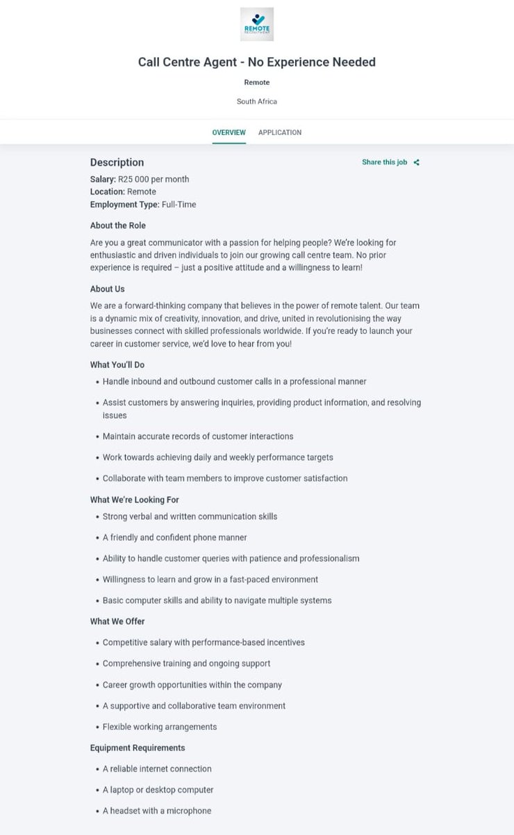 Can you handle work from home position?

Remote Recruitment is hiring 

✅Call Centre Agent - work from home 

Salary: R25 000 per month 

Requirements 
- Grade 12
- Computer literacy 
- Internet connection 

🔗dailyspark.co.za/remote-call-ce…

Apply as soon as possible