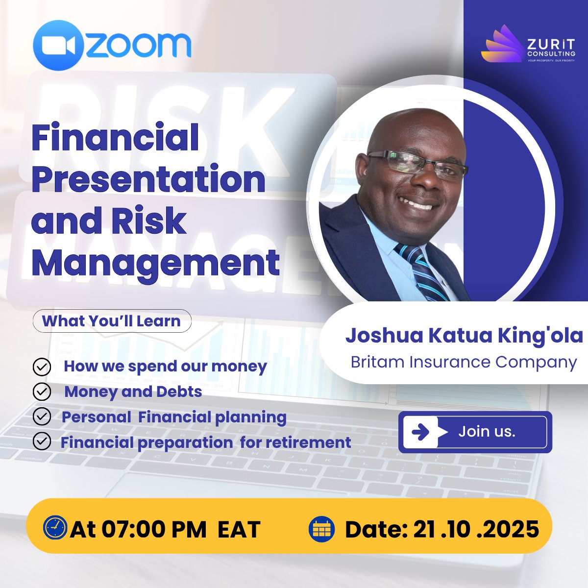 Live today 7:00 PM EAT: Risk Management with Joshua Kachua King’ola (Britam). Structure cover, balance premiums/deductibles, and boost claims readiness. Join: us06web.zoom.us/j/87663280768 #ZuritConsulting #RiskManagement #Insurance Strengthen governance, protect cashflows.