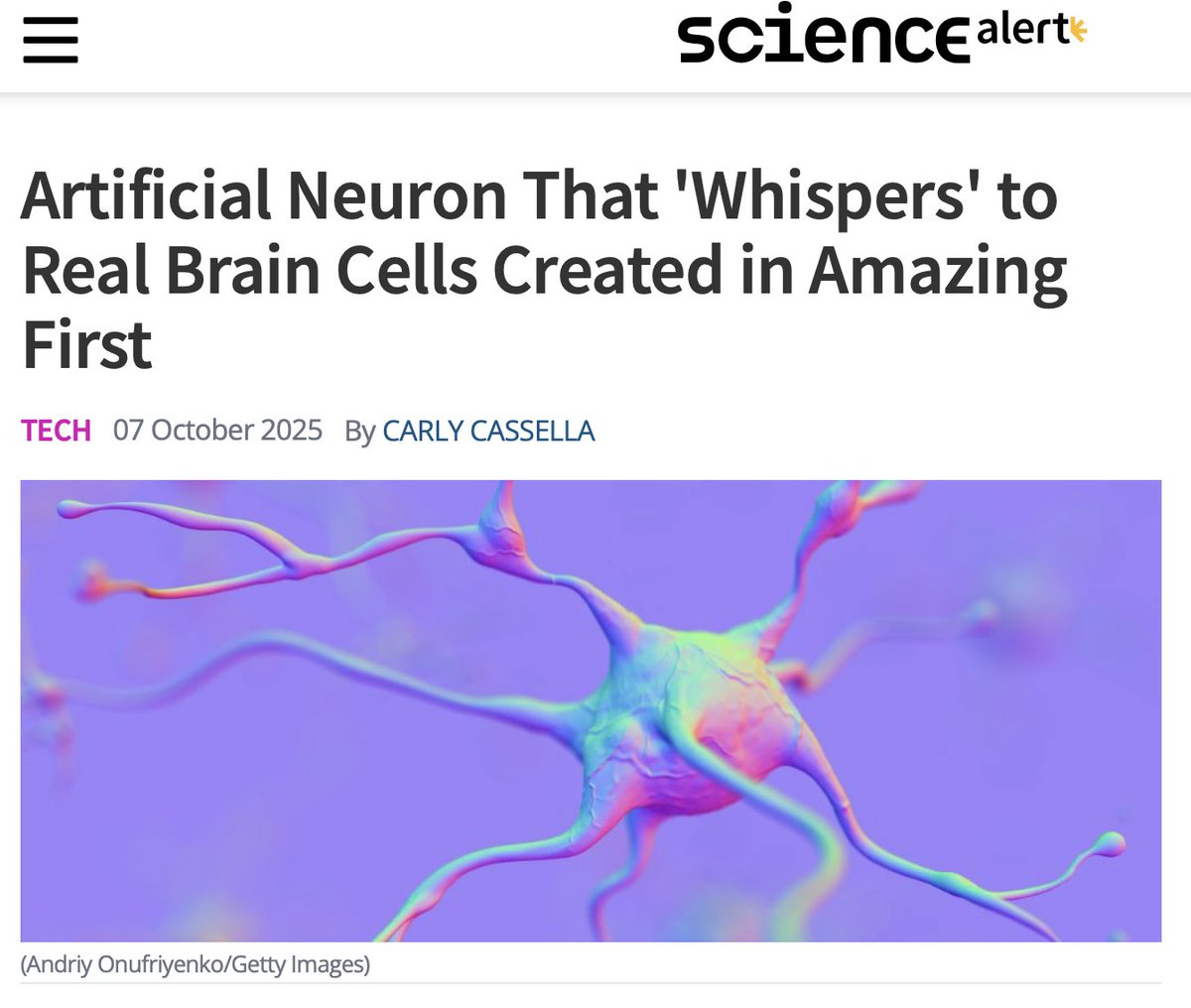 JSDesigno's tweet image. UMass Amherst scientists have crafted the first artificial neuron able to “whisper” to real brain cells using the same minuscule voltage as nature (about 0.1V). Powered by bacteria-derived protein nanowires, it’s robust in wet conditions for direct, efficient signaling: