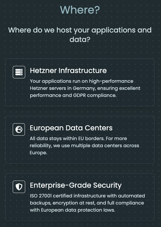 robscodingplace's tweet photo. Since we had some feedback about what infrastructure we use, where do we host, etc. i added this section to our landing-page.

Would you say this addresses the concerns? https://t.co/VyxoCzOyMW
