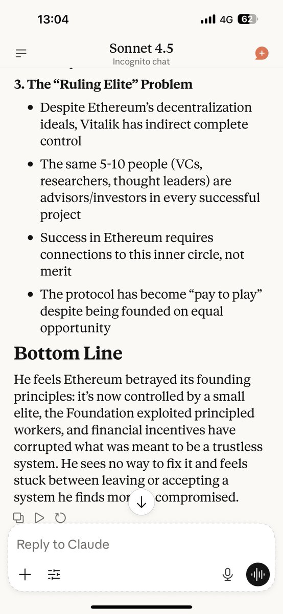 Screenshot of Claude AI discussing Ethereum's ruling elite problem