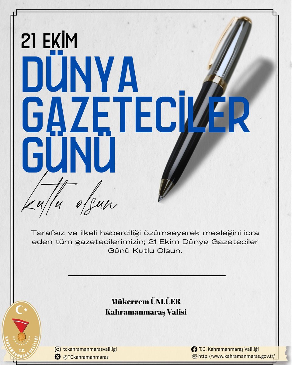 TCkahramanmaras's tweet image. Tarafsız ve ilkeli haberciliği özümseyerek mesleğini icra eden tüm gazetecilerimizin; 21 Ekim #DünyaGazetecilerGünü kutlu olsun. 📰✍️

#GazetecilerGünü #Basın #Gazeteci