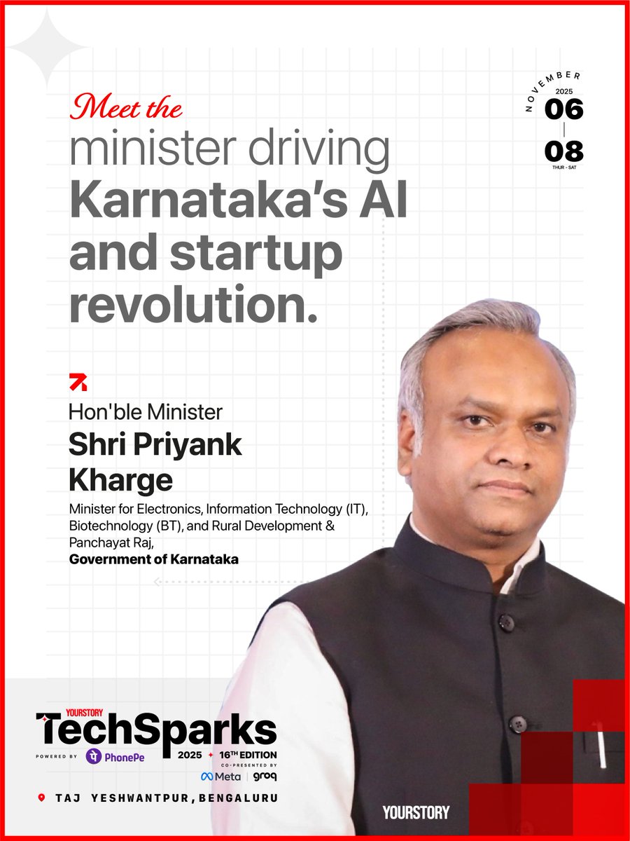 YourStoryCo's tweet photo. Shri @PriyankKharge, Honourable Minister for IT, BT & Rural Development, Government of Karnataka, has been instrumental in turning Karnataka into India’s startup capital with over 15,000 startups, 45+ unicorns, and 400+ GCCs. And as the state continues to lead India’s digital transformation, he is driving countless initiatives that empower innovation, entrepreneurship, and inclusive growth through technology. At #TechSparks2025, he will share his vision for making Karnataka the epicentre of India’s AI and startup revolution, where policy meets innovation and impact.

📍 Nov 6–8 | Taj Yeshwantpur, Bengaluru
🎟️ Book your early bird tickets today: https://t.co/iE1EGt9KCI

#YourStory #AI #Deeptech #Innovation #Startup #BuildingForBharat #India2030 #Entrepreneurship