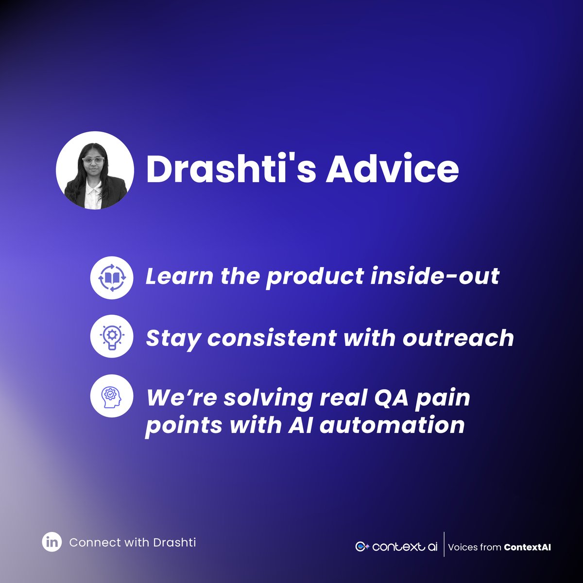 ContextQa's tweet image. 🚀 Employee Spotlight: Drashti Dhanesha – Growth Lead at ContextAI

Driving AI-powered growth with curiosity, confidence &amp;amp; impact. 💡

A true example of learning and leadership in action. 🌟
👉 linkedin.com/in/drashti-dha…

#EmployeeSpotlight #ContextAI #AI #Growth #Innovation