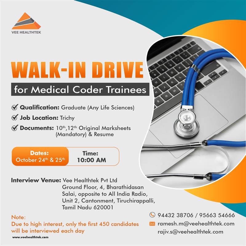 VeeHealthtek's tweet image. We’ll see you at the walk-in drive!
Learn more and apply: bit.ly/4ktbh86
#medicalcoder #medicalcodingjobs #MedicalCodingCareer #walkin #walkindrive #HealthcareCareers #openingjobs #JobOpportunities #Hiring #Medicalcoding #freshersjobs #Trichy #Trichyjobs #VeeHealthtek