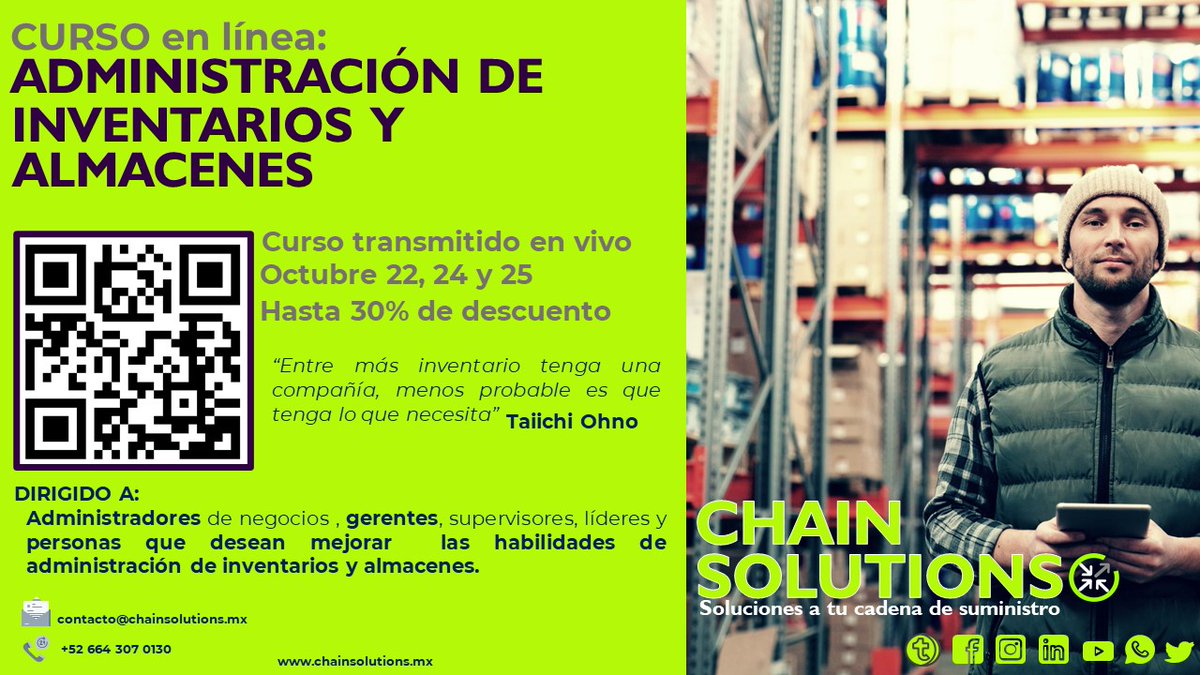 #cursoenlinea
#Administracion de #Inventarios y #Almacenes
Lleva tus habilidades al siguiente nivel, optimizar tus procesos y ganar tiempo 💻Ponte en contacto con nosotros en WHATSAPP : wa.link/n2rehh
✉︎ : contacto@chainsolutions.mx
📞: +52 664 307 0130
Es momento💼✨