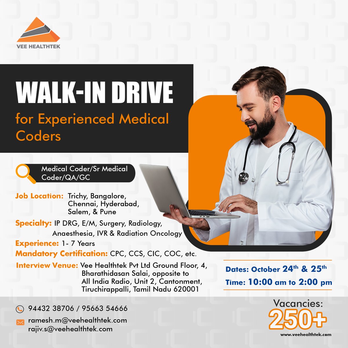 VeeHealthtek's tweet image. radiation oncology, attend Vee Healthtek’s walk-in drive to learn more! This is your opportunity to take the next step in your career while shaping the future of healthcare.
Learn more and apply: shorturl.at/SFRGN
#medicalcoder #medicalcodingjobs #MedicalCodingCareer
